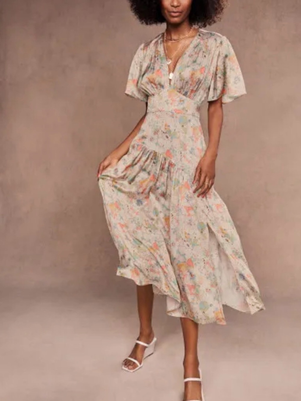 Topshop Willow Floral Midi Dress with Flutter Sleeves - Cream Floral